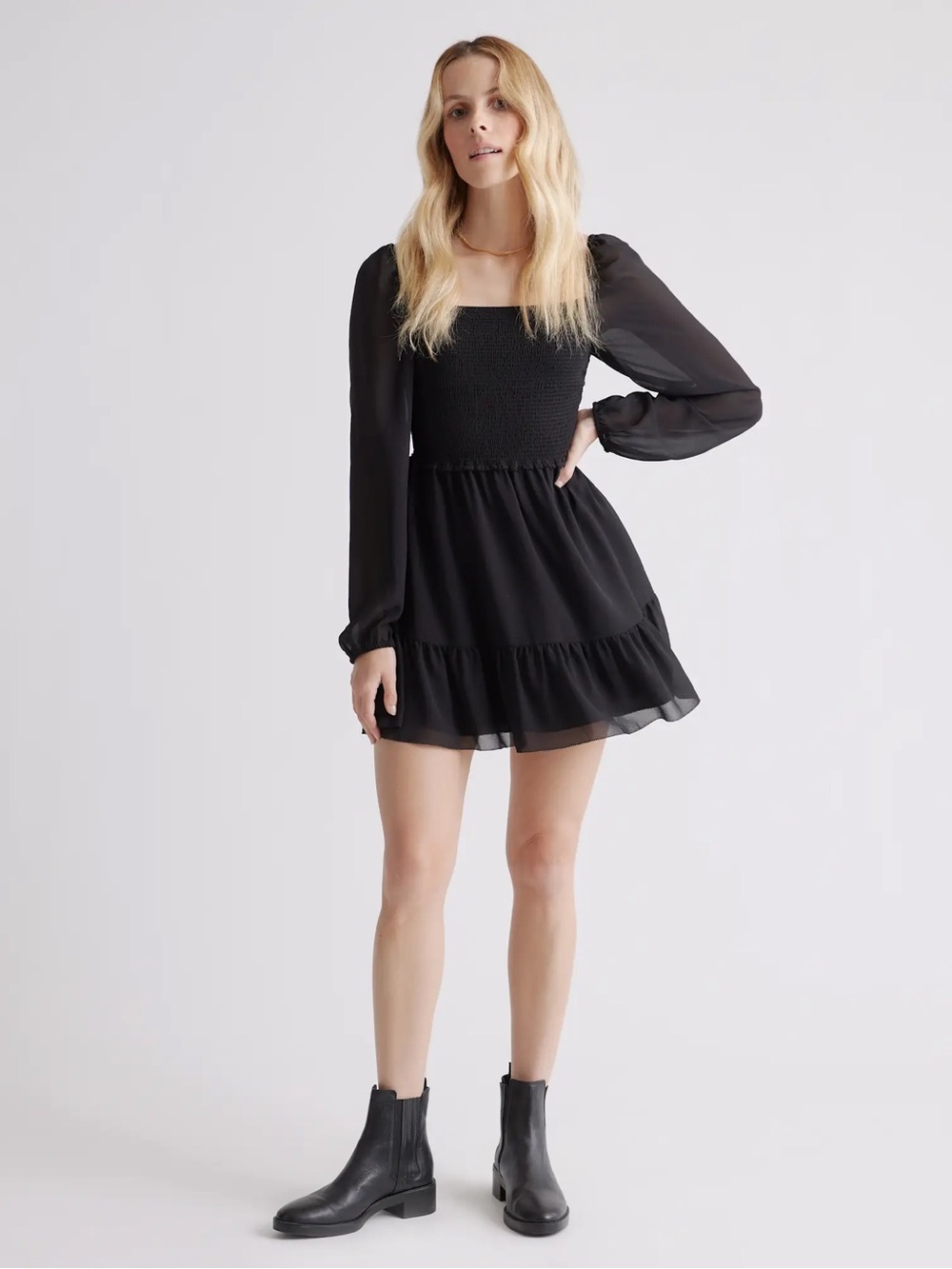 Quince Chiffon Smocked Mini Dress in Black - S